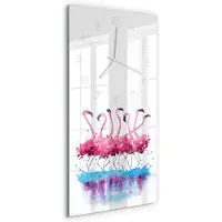 Tulup Wandklok - Flamingo's Wandklok Glas Met Motief - 30x60 cm - Roze Decoratieve Glazen Klok - Witte handen - Rechthoekige Klok - Gekleurde Glazen Klok - Glazen Klok Met Print