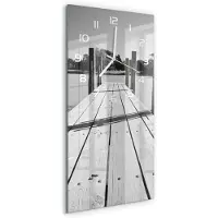 Tulup Wandklok - Houten brug Wandklok Glas Decoratie - 30x60 cm - Zwart-wit Gekleurde Glazen Klok - Witte handen - Rechthoekige Klok - Klok Glas Met Opdruk - Moderne Wandklok Glas