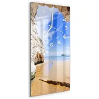 Tulup Wandklok - Grot aan zee Glazen Wandklok Design - 30x60 cm - Beige Klok Glas Met Opdruk - Witte handen - Rechthoekige Klok - Wandklok Glas Met Motief - Decoratieve Glazen Klok