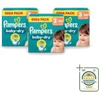 Pampers 3 x – Luiers – Baby Dry Maat 3 – 150 Luiers - Wasstrips - Baby-dry Luiers - Lekken Voorkomen - Droge Nachten - Comfortabele Luiers - Stop En Bescherm Pocket