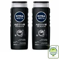 Nivea 2 x MEN - Douchegel - Active Clean - 500 ml - Grootverpakking - Vaatwasstrips - Douchegel Mannen - Actief Houtskool - Reinigende Douchegel - Lichaam Reinigen - Gezicht Reinigen