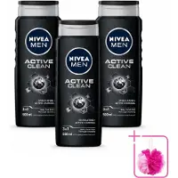Nivea 3 x MEN - Douchegel - Active Clean - 500 ml - Bulkverpakking - Douchegel mannen - Douchemop - Actief houtskool