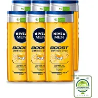 Nivea 6 x - Men - Boost Douchegel - 24 Uur Lang Effect - 250 ml - Grootverpakking - Vaatwasstrips - Douchegel - Cafeïne - Fris Effect - Energieboost - Huidverzorging