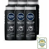 Nivea 6 x MEN - Douchegel - Active Clean - 500 ml - Wasstrips - Douchegel Mannen - Actief Houtskool - Reiniging Lichaam - Reiniging Gezicht - Reiniging Haar