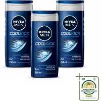Nivea 3 x MEN - Douchegel - Cool Kick - 250 ml - Wasstrips - Douchegel Mannen - Frisheid Onder De Douche - Verkoelend Effect - 2-in-1 Douchegel En Shampoo - Ijsblauwe Gel