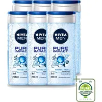 Nivea 6 x Men – Douchegel – Pure Impact – 250 ml - Grootverpakking - Vaatwasstrips - Douchegel - Reiniging - Zweet Verwijderen - Vuil Verwijderen - Fris Huidgevoel