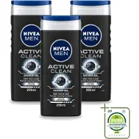 Nivea 3 x Men – Douchegel – Active Clean – 250 ml - Grootverpakking - Vaatwasstrips - Douchegel Mannen - Reiniging Huid - Actieve Houtskool - Vuil Verwijderen - Huid Verzorging