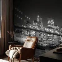 Coloray Vliesbehang - Zwart-Wit Snellijm Behang - 104x70 cm - Nachtpanorama Fotobehang Vlies - Woonkamer behang Steden - Muurschildering - Hal behang