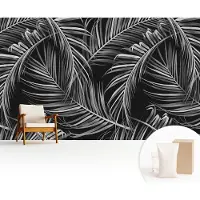 Wallfluent Fotobehang - Zwart Vliesbehang - 416x254 cm - Exotisch Patroon Fotobehang Vlies - Woonkamer behang Bloemen En Planten - Muurschildering - Hal behang