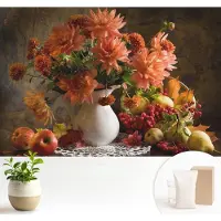 Wallfluent Fotobehang - Oranje Vliesbehang - 104x70 cm - Herfstcompositie Muurschildering - Gang behang Bloemen En Planten - Fotobehang Vlies - Gang behang