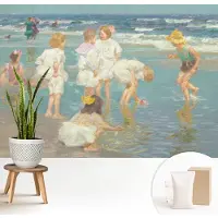 Wallfluent Fotobehang - Wit Vliesbehang - 208x146 cm - Jeugd Aan Het Strand Muurschildering - Gang behang Mensen - Fotobehang Vlies - Gang behang