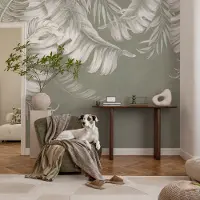 Coloray Vliesbehang - Grijs Snellijm Behang - 104x70 cm - Tere Bladeren Fotobehang Vlies - Hal behang Bloemen En Planten - Muurschildering - Woonkamer behang