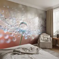 Coloray Vliesbehang - Wit Snellijm Behang - 104x70 cm - Een Druppel Op Een Paardenbloem Fotobehang Vlies - Hal behang Bloemen En Planten - Muurschildering - Woonkamer behang