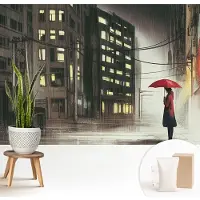 Wallfluent Fotobehang - Zwart Vliesbehang - 208x146 cm - Regenachtige Stad Fotobehang Vlies - Hal behang Steden - Muurschildering - Woonkamer behang