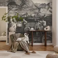 Coloray Vliesbehang - Zwart-Wit Snellijm Behang - 250x250 cm - Dorpsscène Muurschildering - Gang behang Mensen - Fotobehang Vlies - Slaapkamer behang