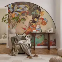 Coloray Vliesbehang - Beige Snellijm Behang - 152x104 cm - Kleurrijke Art Nouveau Fotobehang Vlies - Hal behang Deel - Muurschildering - Hal behang