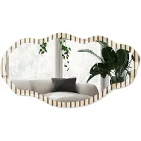 Wallfluent Crème Lijnen Spiegel - Beige Stijlvolle Wandspiegel - Organische Spiegel - Woonkamer, Hal, Kantoor - Minimalistisch - 45x90 cm - Totale afmeting 52x97 cm