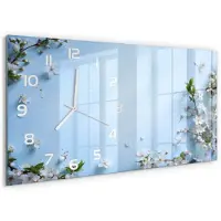 Tulup Wandklok - Achtergrond met kersenbloesem Wandklok Glas Decoratie - 60x30 cm - Blauw Gekleurde Glazen Klok - Witte handen - Rechthoekige Klok - Klok Glas Met Opdruk - Moderne Wandklok Glas