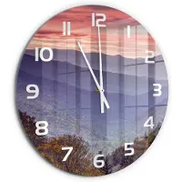 Tulup Wandklok - Bergen bij zonsondergang Wandklok Glas Decoratie - fi60 cm - Oranje Gekleurde Glazen Klok - Witte handen - Ronde Klok - Klok Glas Met Opdruk - Moderne Wandklok Glas