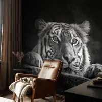 Coloray Vliesbehang - Zwart-Wit Snellijm Behang - 416x254 cm - Roofzuchtige Blik Fotobehang Vlies - Woonkamer behang Dieren - Muurschildering - Woonkamer behang