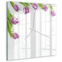 Tulup Wandklok - Paarse tulpen Wandklok Glas Decoratie - 30x30 cm - Paars Gekleurde Glazen Klok - Witte handen - Vierkante Klok - Klok Glas Met Opdruk - Moderne Wandklok Glas