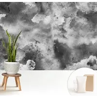Wallfluent Fotobehang - Zwart-Wit Vliesbehang - 208x146 cm - Grijze Wolken Fotobehang Vlies - Hal behang Abstractie - Muurschildering - Hal behang