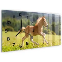 Tulup Wandklok - Galopperend veulen Wandklok Glas Met Motief - 60x30 cm - Bruin Decoratieve Glazen Klok - Zwarte handen - Rechthoekige Klok - Gekleurde Glazen Klok - Glazen Klok Met Print