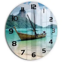 Tulup Wandklok - Łódź Wandklok Glas Decoratie - fi60 cm - Blauw Gekleurde Glazen Klok - Zwarte handen - Ronde Klok - Klok Glas Met Opdruk - Moderne Wandklok Glas