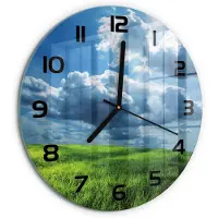Tulup Wandklok - Wolken boven het veld Wandklok Glas Decoratie - fi30 cm - Groente Gekleurde Glazen Klok - Zwarte handen - Ronde Klok - Klok Glas Met Opdruk - Moderne Wandklok Glas