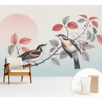 Wallfluent Fotobehang - Roze Vliesbehang - 312x219 cm - Zittende Vogels Muurschildering - Gang behang Dieren - Fotobehang Vlies - Slaapkamer behang