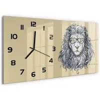 Tulup Wandklok - Hipster Leeuw Glazen Klok Met Print - 60x30 cm - Beige Wandklok Glas Met Motief - Zwarte handen - Rechthoekige Klok - Wandklok Glas Decoratie - Gekleurde Glazen Klok