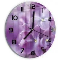 Tulup Wandklok - Paarse bloemen Moderne Wandklok Glas - fi30 cm - Paars Wandklok Glas Decoratie - Zwarte handen - Ronde Klok - Glazen Wandklok Design - Klok Glas Met Opdruk