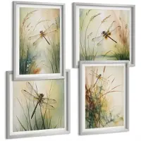 Coloray 4-Delige Schilderij Set - Geschilderd Gras Met Libellen Boven Het Water. - 40 x 40 cm En 40 x 60 cm - Muurdecoratie - Wanddecoratie - Hal - Stijlvolle Muurdecoratie