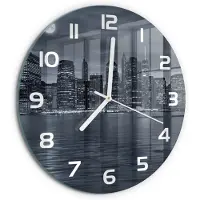 Tulup Wandklok - New York 's nachts Glazen Wandklok Design - fi30 cm - Zwart-wit Klok Glas Met Opdruk - Witte handen - Ronde Klok - Wandklok Glas Met Motief - Decoratieve Glazen Klok