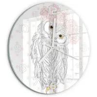 Tulup Wandklok - Uil in een krans Wandklok Glas Met Motief - fi30 cm - Roze Decoratieve Glazen Klok - Witte handen - Ronde Klok - Gekleurde Glazen Klok - Glazen Klok Met Print