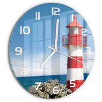 Tulup Wandklok - Vuurtoren Moderne Wandklok Glas - fi30 cm - Rood Wandklok Glas Decoratie - Witte handen - Ronde Klok - Glazen Wandklok Design - Klok Glas Met Opdruk