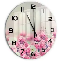 Tulup Wandklok - Wilde rozenbloemen Klok Glas Met Opdruk - fi60 cm - Roze Moderne Wandklok Glas - Zwarte handen - Ronde Klok - Decoratieve Glazen Klok - Glazen Wandklok Design
