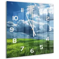 Tulup Wandklok - Wolken boven het veld Moderne Wandklok Glas - 60x60 cm - Groente Wandklok Glas Decoratie - Witte handen - Vierkante Klok - Glazen Wandklok Design - Klok Glas Met Opdruk