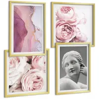 Wallfluent 4-Delige Schilderij Set - Romantische Pioenrozen Sculptuur Van Een Vrouw Abstractie - 40 x 40 cm En 40 x 60 cm - Stijlvolle Wanddecoratie - Interieur - Muurdecoratie