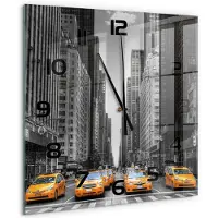 Tulup Wandklok - New Yorkse taxi's Wandklok Glas Met Motief - 60x60 cm - Geel Decoratieve Glazen Klok - Zwarte handen - Vierkante Klok - Gekleurde Glazen Klok - Glazen Klok Met Print
