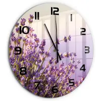 Tulup Wandklok - Lavendel Klok Glas Met Opdruk - fi60 cm - Paars Moderne Wandklok Glas - Zwarte handen - Ronde Klok - Decoratieve Glazen Klok - Glazen Wandklok Design