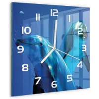 Tulup Wandklok - Twee dolfijnen Decoratieve Glazen Klok - 30x30 cm - Blauw Glazen Wandklok Design - Witte handen - Vierkante Klok - Glazen Klok Met Print - Wandklok Glas Met Motief