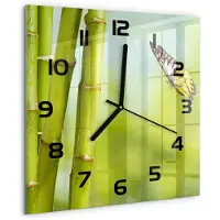 Tulup Wandklok - Bamboe en vlinder Wandklok Glas Decoratie - 30x30 cm - Groente Gekleurde Glazen Klok - Zwarte handen - Vierkante Klok - Klok Glas Met Opdruk - Moderne Wandklok Glas
