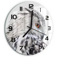 Tulup Wandklok - Witte Uil Klok Glas Met Opdruk - fi30 cm - Wit Moderne Wandklok Glas - Zwarte handen - Ronde Klok - Decoratieve Glazen Klok - Glazen Wandklok Design