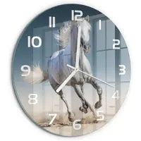 Tulup Wandklok - Galopperend grijs paard Wandklok Glas Decoratie - fi30 cm - Wit Gekleurde Glazen Klok - Witte handen - Ronde Klok - Klok Glas Met Opdruk - Moderne Wandklok Glas
