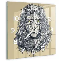 Tulup Wandklok - Hipster Leeuw Decoratieve Glazen Klok - 30x30 cm - Beige Glazen Wandklok Design - Witte handen - Vierkante Klok - Glazen Klok Met Print - Wandklok Glas Met Motief