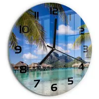 Tulup Wandklok - Palmbomen in Bora Bora Gekleurde Glazen Klok - fi30 cm - Veelkleurig Glazen Klok Met Print - Zwarte handen - Ronde Klok - Moderne Wandklok Glas - Wandklok Glas Decoratie