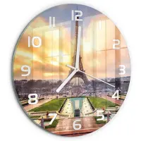 Tulup Wandklok - Eiffeltoren Parijs Glazen Klok Met Print - fi30 cm - Geel Wandklok Glas Met Motief - Witte handen - Ronde Klok - Wandklok Glas Decoratie - Gekleurde Glazen Klok