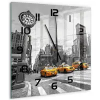 Tulup Wandklok - New Yorkse taxi's Wandklok Glas Met Motief - 60x60 cm - Geel Decoratieve Glazen Klok - Zwarte handen - Vierkante Klok - Gekleurde Glazen Klok - Glazen Klok Met Print