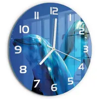 Tulup Wandklok - Twee dolfijnen Wandklok Glas Decoratie - fi30 cm - Blauw Gekleurde Glazen Klok - Witte handen - Ronde Klok - Klok Glas Met Opdruk - Moderne Wandklok Glas